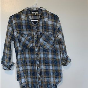 Casual flannel navy blue, yellow and white pattern